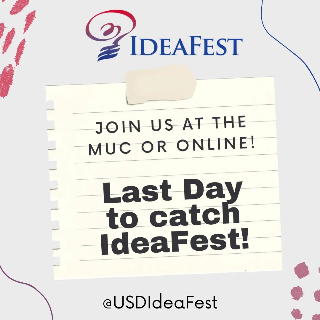 Today is the last day of IdeaFest!  Join us in the MUC to see the awesome research and creative scholarship our USD students can do!
Virtual: bit.ly/USDIdeaFest2022 

Check out our site for more details:
sites.google.com/usd.edu/ideafe…
#ideafest2022 #studentresearch #creativescholarship