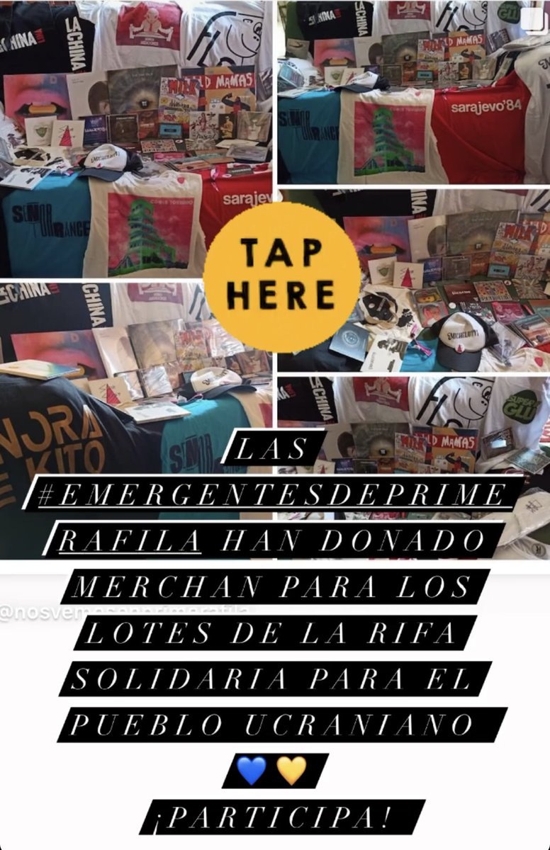 Pasote de rifa solidaria organizada por <a href="/nosvemosen1fila/">Nos vemos en Primera Fila</a> con la colaboración de las #emergentesdeprimerafila que han donado merchan para recaudar fondos de ayuda humanitaria para Ucrania. Toda la info en Instagram 💙💛