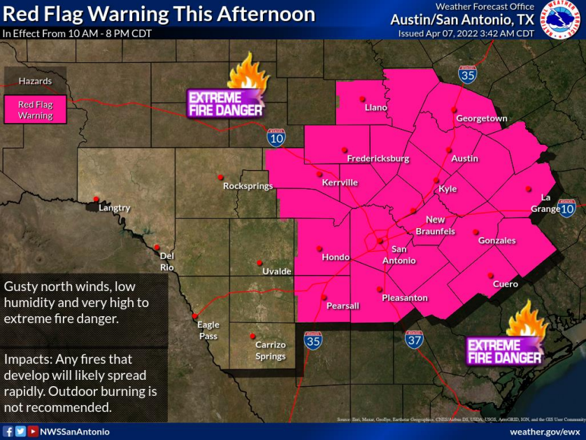 🚩RED FLAG WARNING 🚩
THR APR 07 10AM-8PM
🔥EXTREME FIRE DANGER (5/5)

Burn ban remains in effect.

⚡️Be cautious with any activity that causes a spark!
☎️ Call 911 immediately if a wildfire is spotted! A quick response can save lives &amp; property.
#txwx