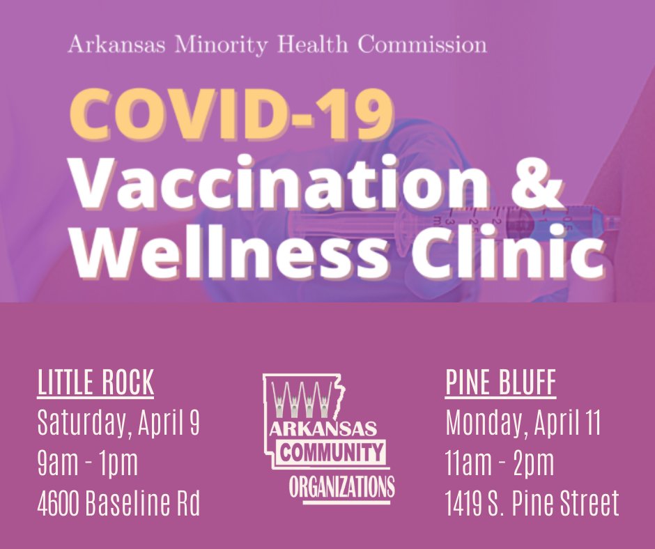 arcommorg's tweet photo. At ACO, we have two families members diagnosed with #COVID this week. #CovidIsNotOver. 😓
Get boosted with a FREE upcoming @ARMinorityHealt's wellness clinic:
Sat, April 9, 9-1pm in #LittleRock
Mon, April 11, 11-2pm in #PineBluffAR https://t.co/2sm8OoskXs