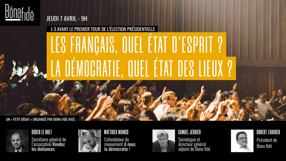 « Les Français, quel état d’esprit❓La démocratie, quel état des lieux❓»
👏Merci à <a href="/Didier_LeBret/">Didier Le Bret</a> et @Matthieu_Niango pour leur participation à notre petit débat ce matin, aux côtés de Robert Zarader, président, et de Samuel Jéquier, directeur général adjoint de Bona fidé.