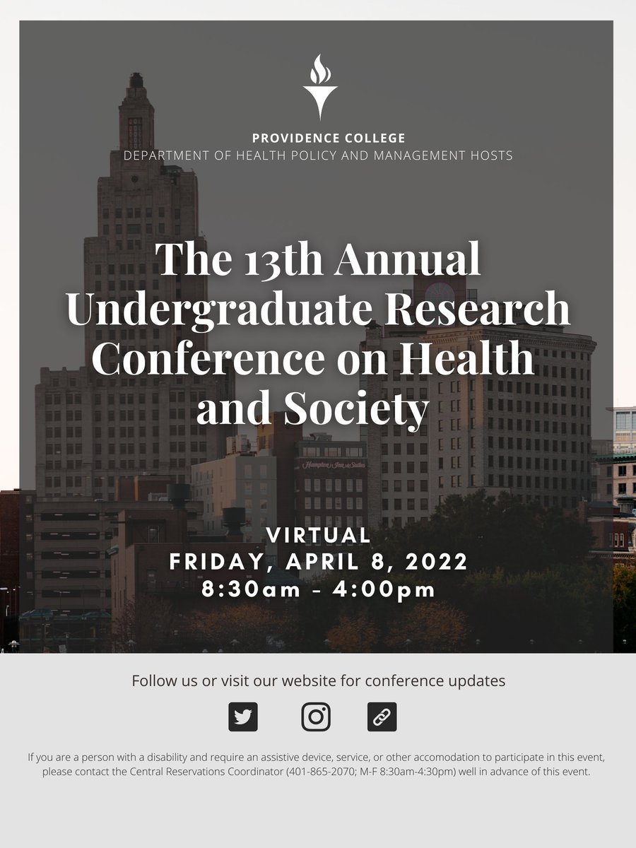 Providence College's 13th Annual Undergraduate Research Conference on Health and Society is Tomorrow!!!
Please register here: providence.zoom.us/meeting/regist…

Panel 1 - Disparities and Access to Care
Panel 2 - Stigma and Stereotypes
Panel 3 - Advocacy and Care
Panel 4 - Spaces and Places