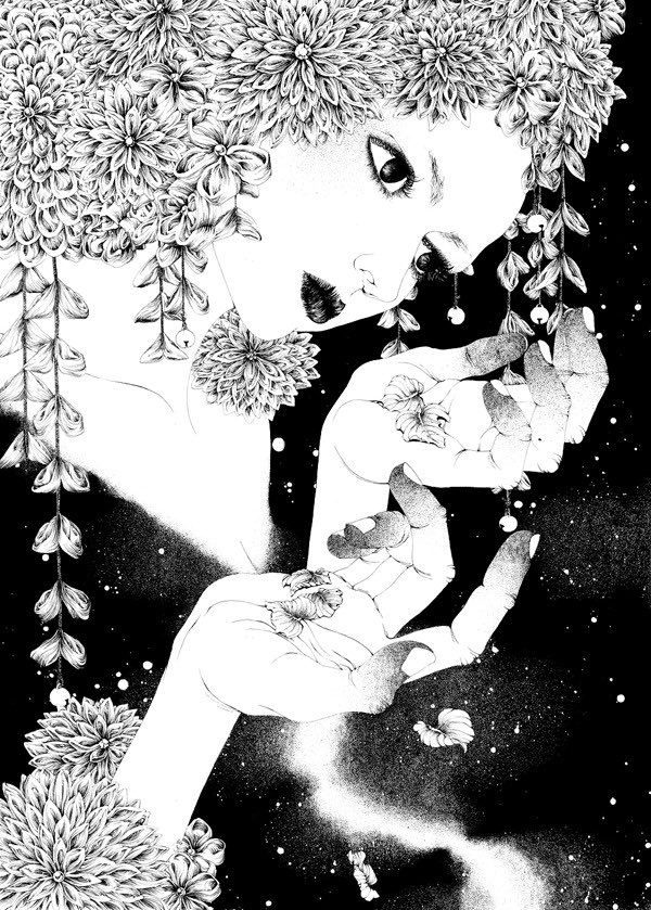 眠りにつく前に夢の一歩手前みたいなのをよく見ます。ひとつの物が特徴が似ている別の物にモーションピクチャーみたいにぐるぐる変化していく映像です。だから何かが別の物と混ざっている絵が多いです。でもいくら描いても再現率は2%くらいにしかならない。