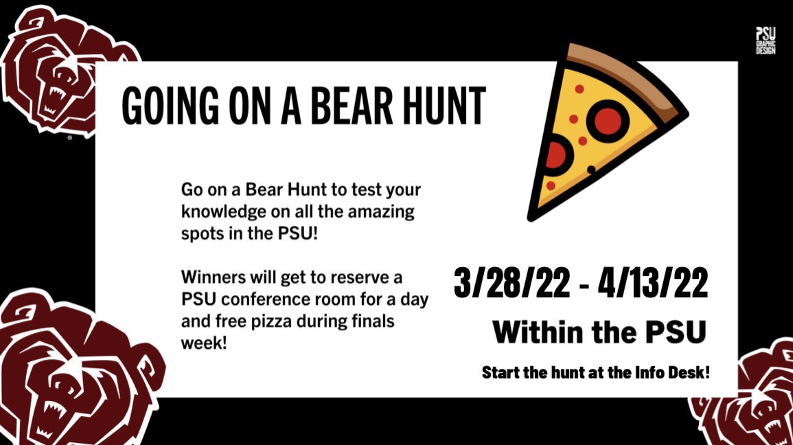 MSU_PSU's tweet image. We have extended the scavenger hunt! If you haven’t had a chance to join our adventure around the PSU, here is your chance! Make it to the end and be entered in a raffle to win the chance to reserve a PSU conference room for a day + free 🍕 during finals week!
