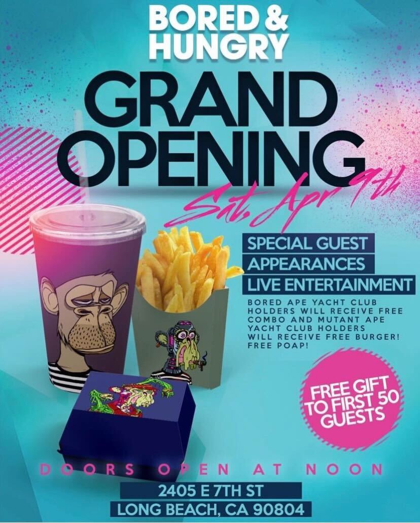 angrypadresfan's tweet photo. The first NFT restaurant opens this Saturday.  It's called Bored &amp; Hungry.  Andy Nguyen is the owner and is using Bored Ape #6184 for branding.  Serving up fries and burgers.  Will you take a bite?

#bayc
#boredapeyachtclub
#mayc
#MutantApeYachtClub
@AndyTheNguyen https://t.co/fu5IFDnufP