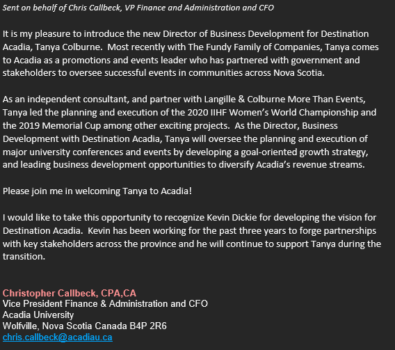 Destination_ACA's tweet image. STAFF ANNOUNCEMENT: Director of Business Development for Destination Acadia - Tanya Colburne
@AcadiaU @AcadiaAthletics @EventsNS @TourismNS @VoiceofTourism @SportTourismCA @EventAtlantic @SIRCtweets @SportNovaScotia @AUS_SUA @USPORTSca