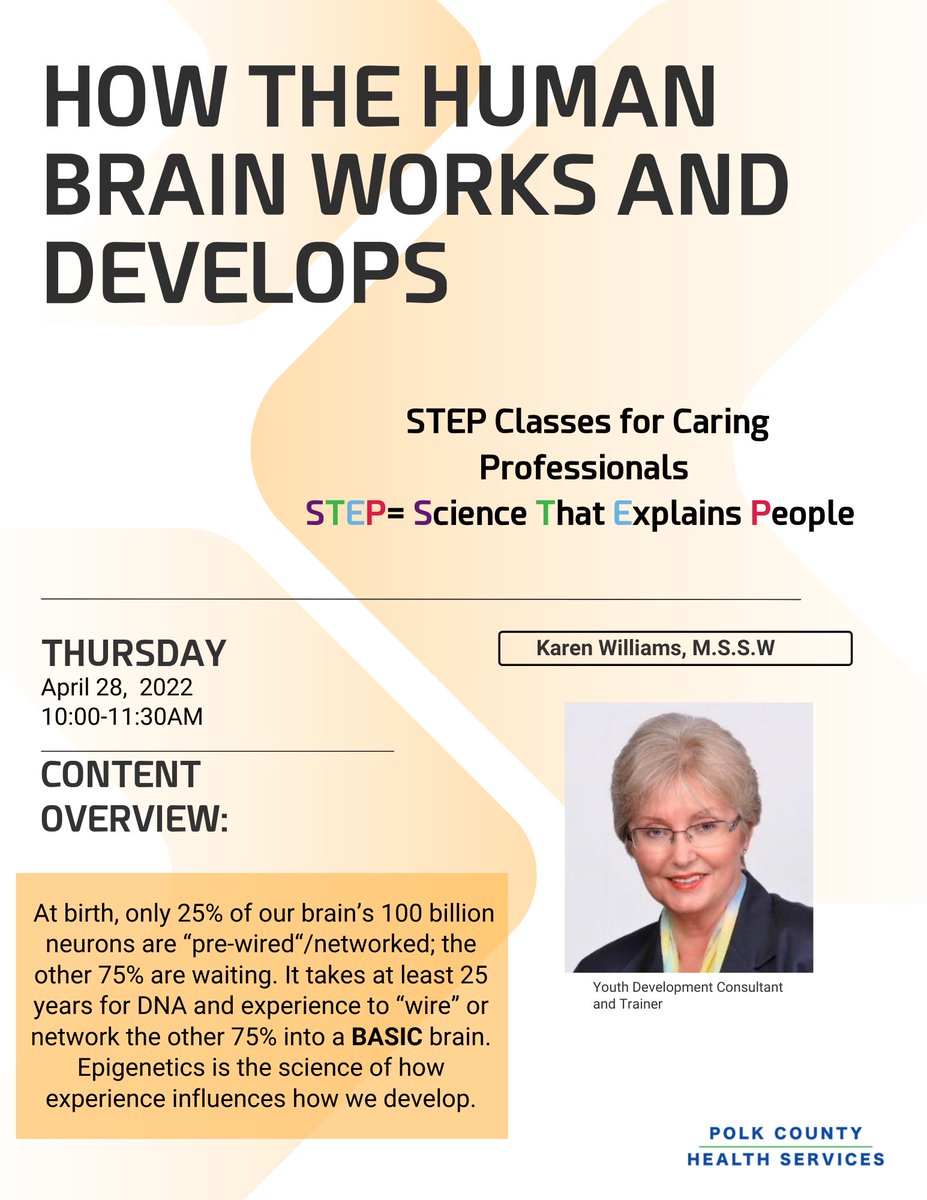 "How the Human Brain Works and Develops" 
Thursday, April 28 from 10:00 AM-11:30 AM
eventbrite.com/e/309021390297