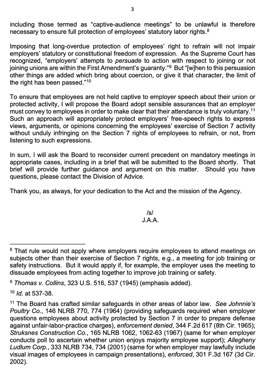 BREAKING: The NLRB's chief counsel Jennifer Abruzzo is moving to ban captive audience meetings, where employers force workers to attend anti-union meetings.

She issued a memo today calling on the NLRB board to declare them illegal under the National Labor Relations Act.