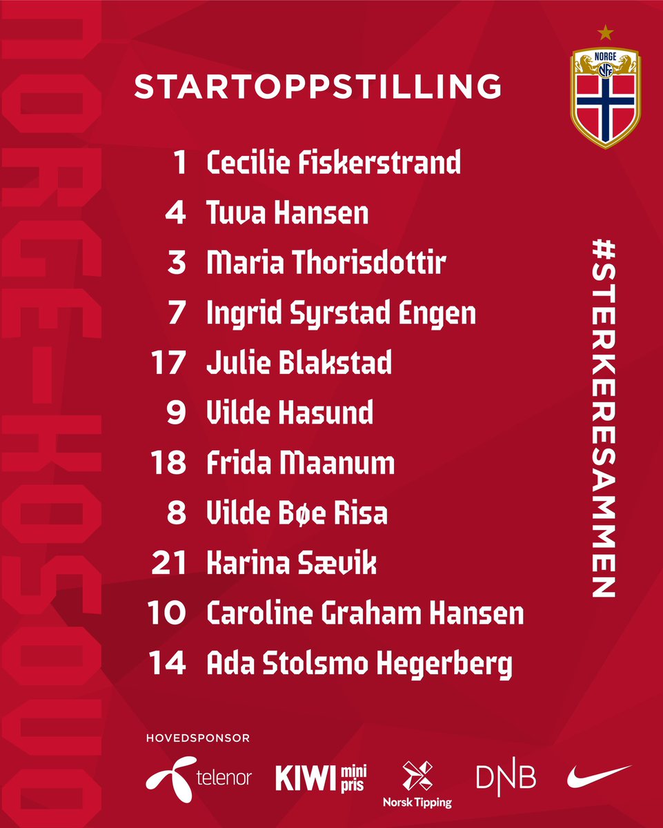 nff_landslag's tweet photo. Disse 11 starter kampen mot Kosovo���🇴 Vi er klare, er dere? ✊ Se kampen på NRK, sending fra 17.30.
#sterkeresammen https://t.co/TVb6DJU0Dv