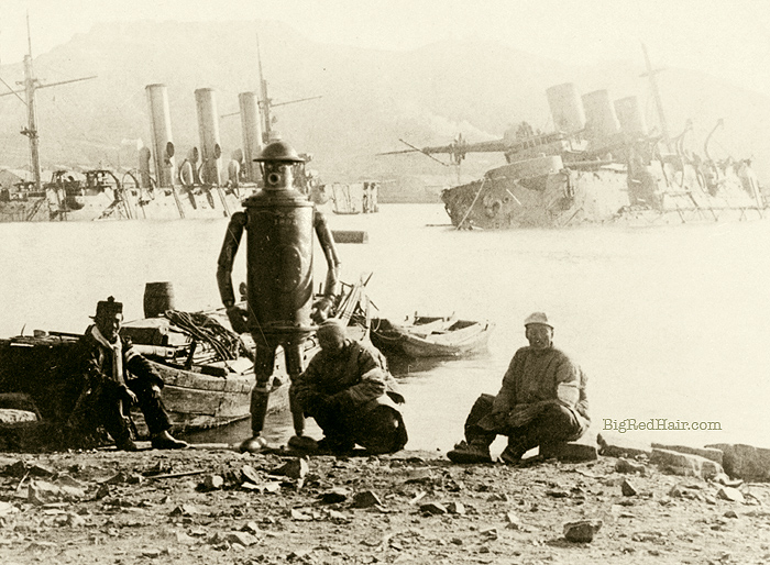  Local Manchu sailors pose with Boilerplate before sunken Russian ships in Port Arthur. 