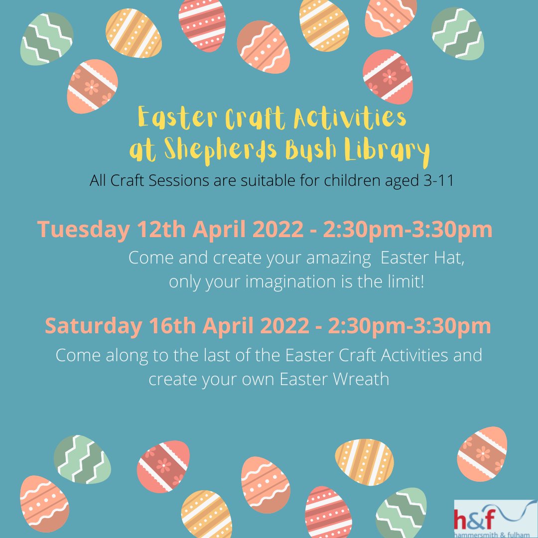 LBHFLibraries's tweet photo. Shepherds Bush Library have some egg-cellent craft sessions this Easter half term!

Make sure you come along and join in all the fun!

#Easter #Crafts #Letsgetcrafty #kidscraft #shepherdsbushlibrary https://t.co/cQrj1Ls9Tl
