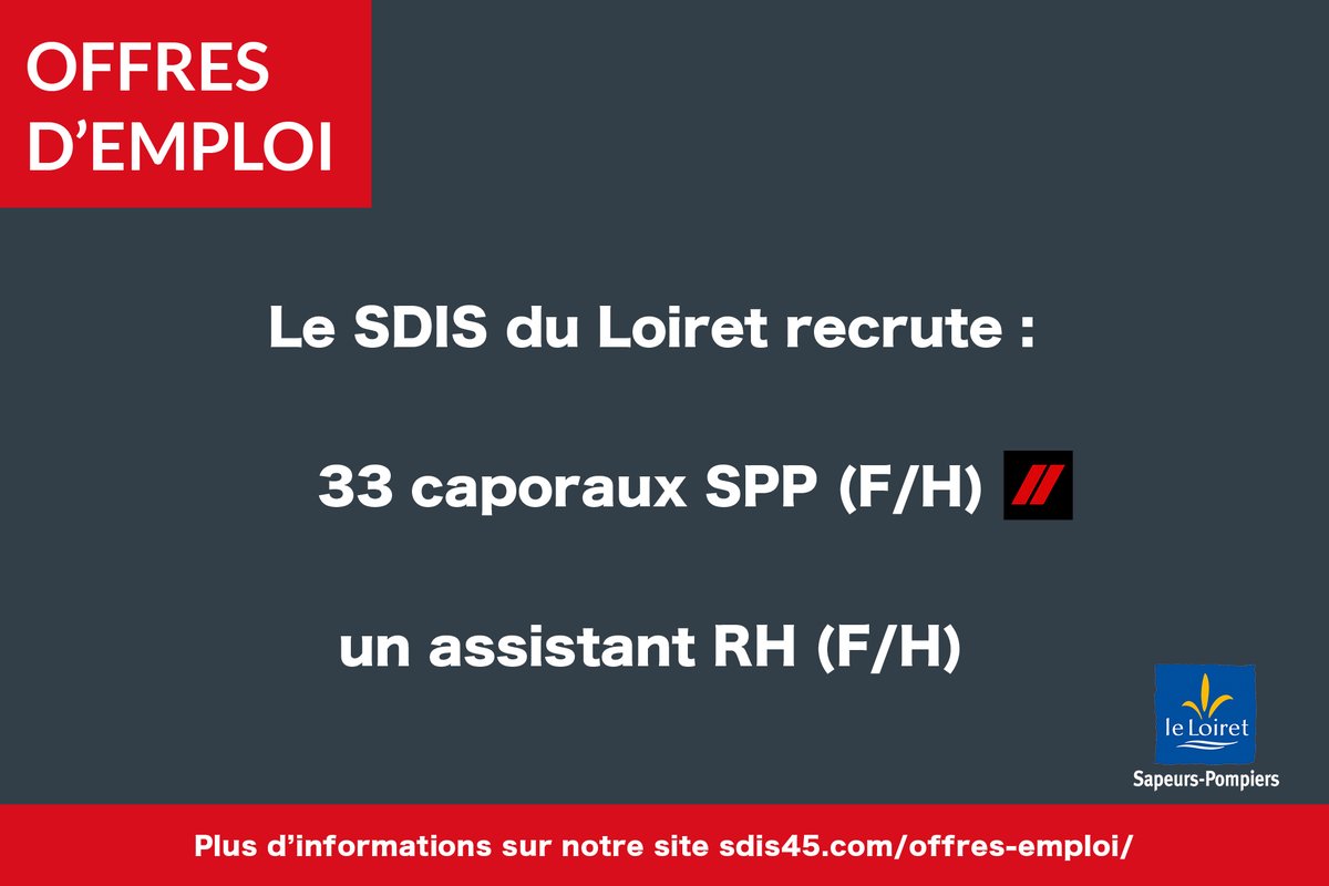 SDIS45's tweet photo. #Emplois Le #SDIS45 recrute : 
- 33 caporaux (F/H) date limite de candidature le 24 avril.
- un(e) assistant(e) RH date limite de candidature le 05 mai.
Retrouvez les offres d’emploi sur notre site https://t.co/EERupvg2jN
#Loiret #Pompiers https://t.co/pybMG4ozmb