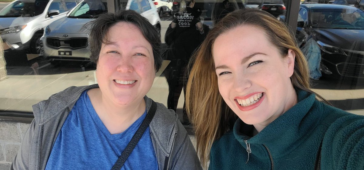quorralyne's tweet photo. I finally got to meet my colleague and local KC @oktadev advocate @AlisaDuncan in person for the first time! 
#kansascity #developeravocado https://t.co/EmMwWWbBE5