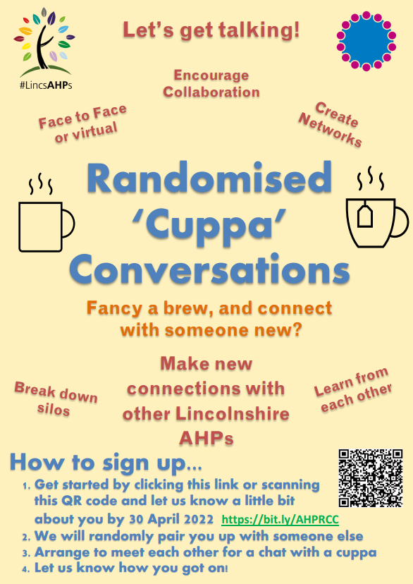 TashaLaming's tweet photo. Calling all @LincsAHPs - want to learn more about another AHP profession? Curious about how AHPs work in different services? Sign up to a 'Randomised Cuppa Conversation' and you will get the chance to meet another Lincs AHP and make an #AHPConnection Use the QR code to sign up! https://t.co/6SiNJw9cU6
