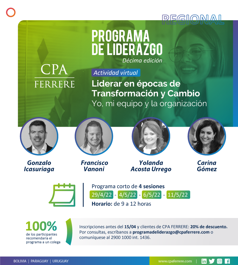 #REGIONAL Los invitamos a la décima edición de nuestro Porgrama de Liderazgo Liderar en épocas de Transformación y Cambio – Yo, mi equipo y la organización.

Más información e inscripciones: lnkd.in/ezR6kiTA