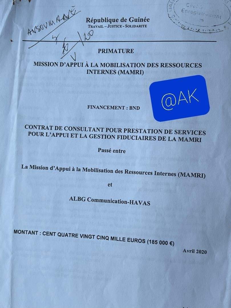 FodBALDE2's tweet photo. #Guinée | Voici la copie de deux contrats du fameux programme #MAMRI piloté à l'époque par la primature et financé sur le #BND.
Un portant sur l'élaboration d'un logo ( 185 000 €) et l'autre sur la rédaction d'un manuel de procédure ( 5.000 000 000 GNF).
Tirez vos conclusions. https://t.co/CSjxaKYqaf