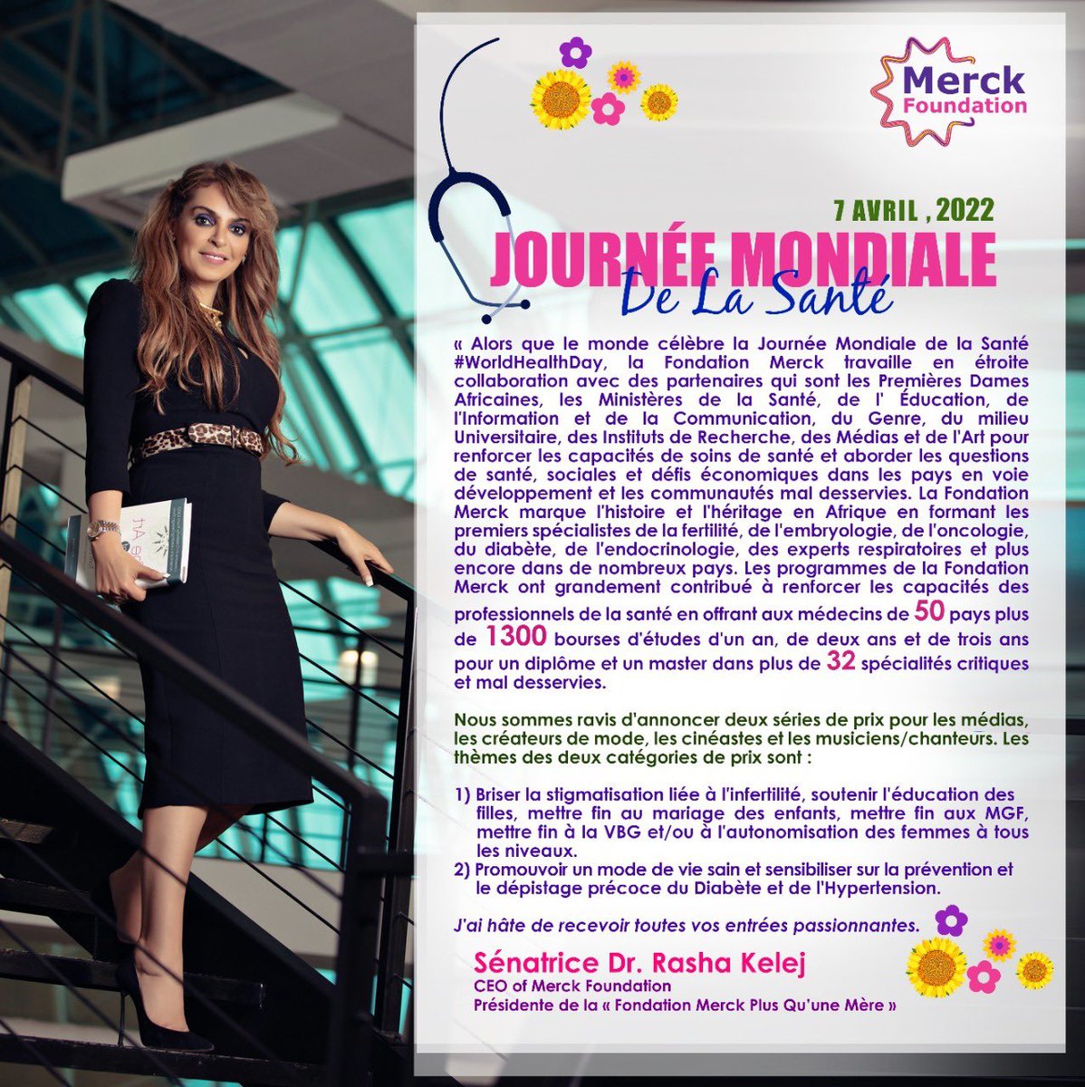 Merck_MARS's tweet photo. "Alors que le monde célèbre la Journée Mondiale de la Santé #WorldHealthDay, la Fondation Merck travaille en étroite collaboration avec des partenaires qui sont les Premières Dames Africaines, les Ministères de la Santé..."

Sénatrice Dr. Rasha Kelej
CEO Merck Foundation https://t.co/j4mbR2V6BH