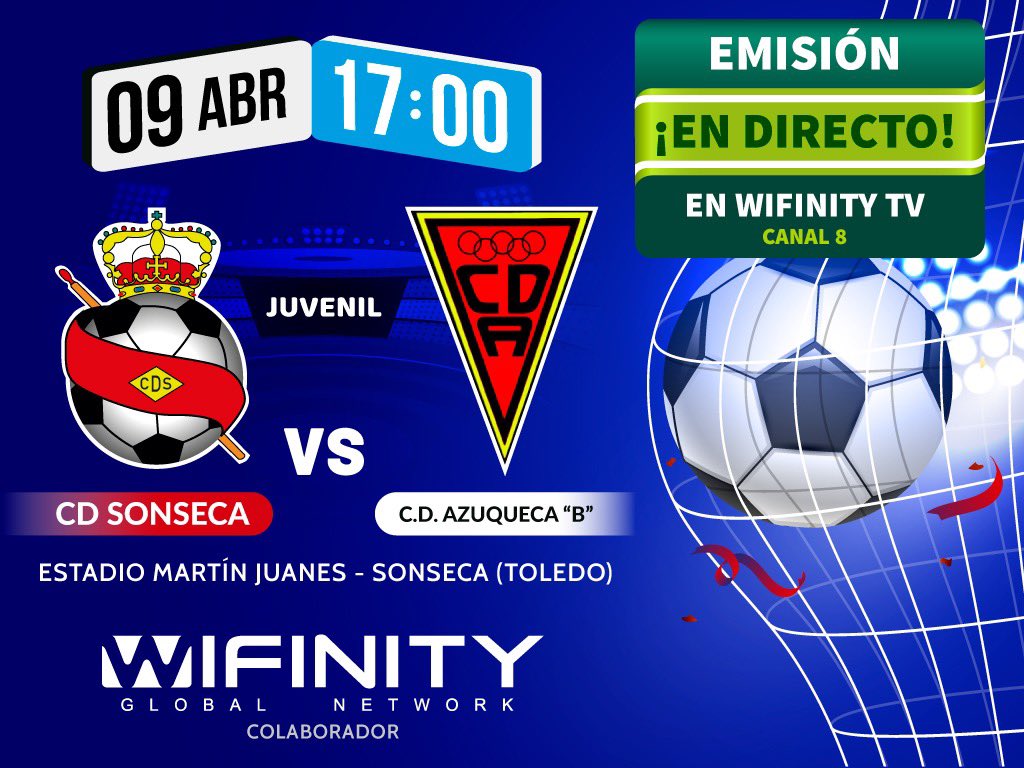 WifinityGN's tweet photo. ⚽️ ¡Fútbol en Wifinity Televisión!

Este sábado 9 de abril, a las 17:00 horas, podrás disfrutar con la retransmisión en directo del partido de categoría juvenil de entre el CD Sonseca y el CD Azuqueca B desde el Estadio Martín Juanes.

¡En el Canal 8 de Wifinity TV!

#Wifinity https://t.co/f0RpiTNk9s
