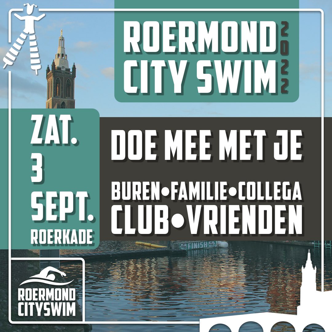 𝗔𝗟𝗧𝗜𝗝𝗗 𝗔𝗟 𝗜𝗡 𝗗𝗘 𝗥𝗢𝗘𝗥 𝗪𝗜𝗟𝗟𝗘𝗡 𝗭𝗪𝗘𝗠𝗠𝗘𝗡? 𝗗𝗜𝗧 𝗜𝗦 𝗝𝗘 𝗞𝗔𝗡𝗦! ￼
 
Doe mee met je buren, familie, collega's, club of vrienden op 𝗭𝗔𝗧𝗘𝗥𝗗𝗔𝗚 𝟯 𝗦𝗘𝗣𝗧𝗘𝗠𝗕𝗘𝗥!
 
Schrijf je nu in op: roermondcityswim.nl/inschrijven
 
#RCS #RoermondCitySwim