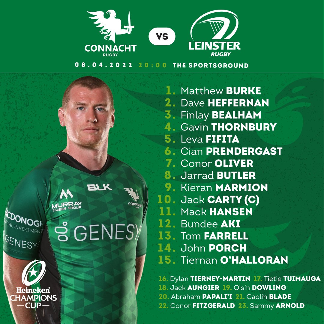 connachtrugby's tweet photo. 🟢 𝙏𝙀𝘼𝙈 𝘼𝙉𝙉𝙊𝙐𝙉𝘾𝙀𝙈𝙀𝙉𝙏 🟢

Meet the Connacht 23 for tomorrow's 𝗵𝗶𝘀𝘁𝗼𝗿𝗶𝗰 @ChampionsCup meeting with @leinsterrugby! 👊

#CONvLEI | #HeinekenChampionsCup

Full story: https://t.co/H4uBS8hVEJ https://t.co/eYg7w1oGOH