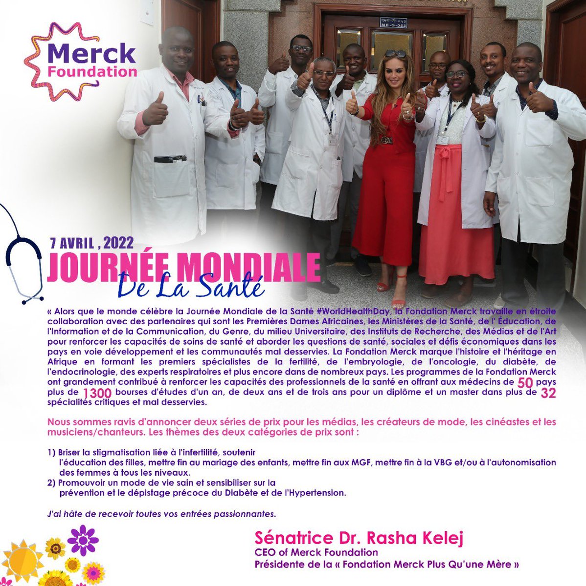 Merck_MCCP's tweet photo. “Enquanto o mundo celebra o #DiaMundialdaSaúde a Merck Foundation trabalha em estreita colaboração com as parceiras que são Primeiras-Damas Africanas, Ministérios da Saúde, Educação, Informação &amp; Comunicação, Género, Academia...”

Senadora Dr.ª Rasha Kelej
CEO da Merck Foundation https://t.co/ypXgAwB6em