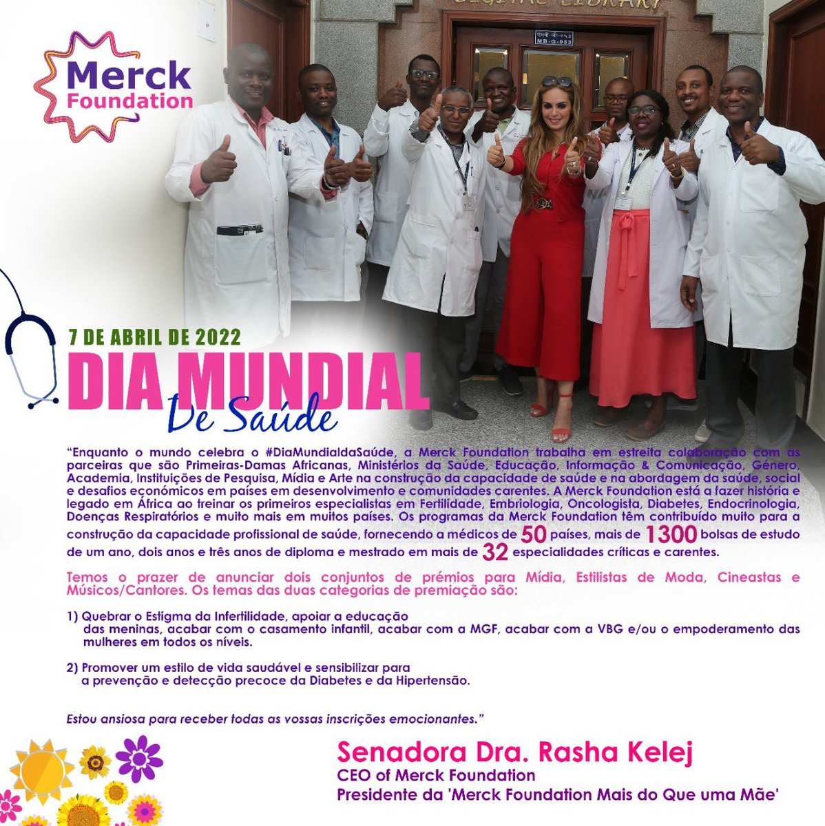 Merck_MCCP's tweet photo. “Enquanto o mundo celebra o #DiaMundialdaSaúde a Merck Foundation trabalha em estreita colaboração com as parceiras que são Primeiras-Damas Africanas, Ministérios da Saúde, Educação, Informação &amp; Comunicação, Género, Academia...”

Senadora Dr.ª Rasha Kelej
CEO da Merck Foundation https://t.co/ypXgAwB6em