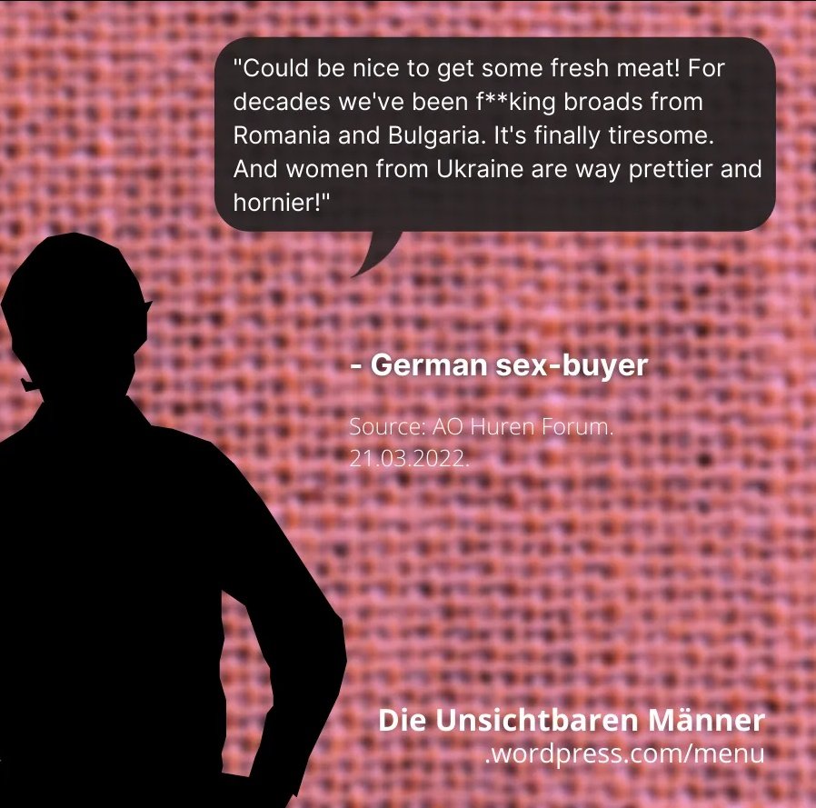 EllyArrow's tweet photo. At this stage I'm finding/having people send me too many quotes from German sex buyers jubilant at the arrival of Ukranian refugees whom they might be able to sexually exploit inside legal #prostitution for me to keep up with. I also don't know what else to say about it... https://t.co/EC0vo0FAJL