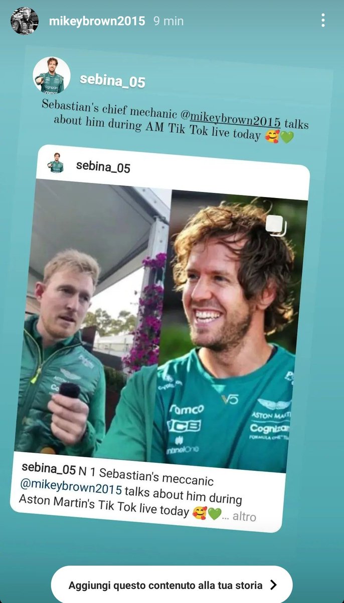 Giuly9810's tweet photo. Voglio piangere 😭🥺 non Mikey che reposta il mio post dove lui parla di Seb nella live dell' @astonmartinf1 su Tik Tok 🤧💚
#australiangp #F1 #sv5 https://t.co/AXAjprl4go