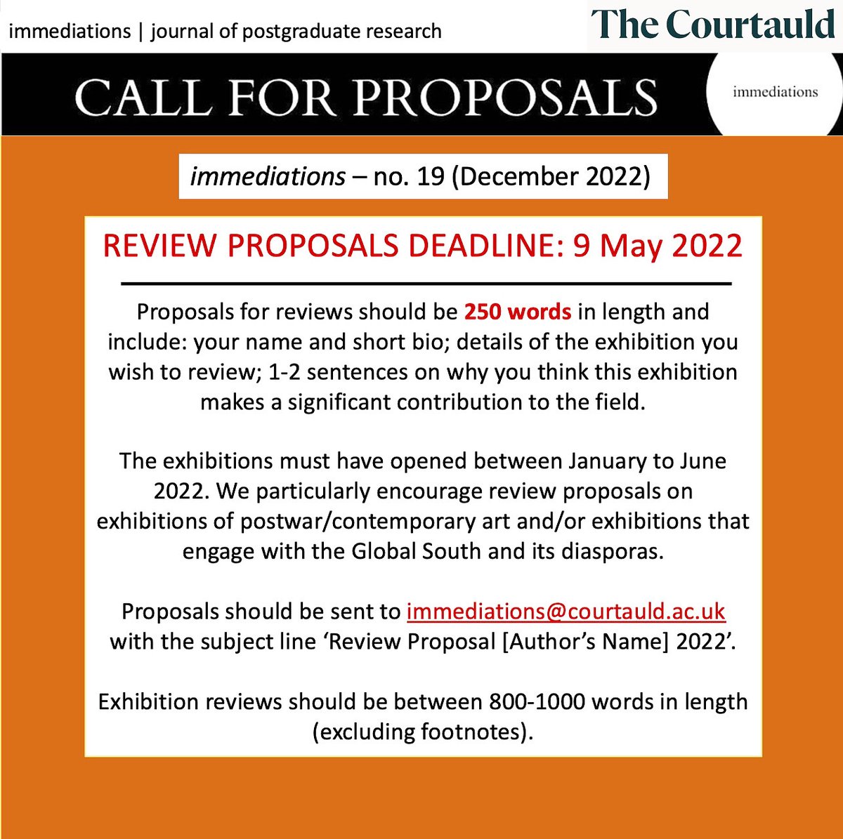 immediations's tweet photo. 📢📢📢 Call for Reviews! We are now inviting proposals for reviews of exhibitions, performances, and other (digital or in person) notable happenings that took place between January-June 2022 #immediations2022 @TheCourtauld @courtauldres @courtauldsu @forarthistory https://t.co/QBZFvoIGEH