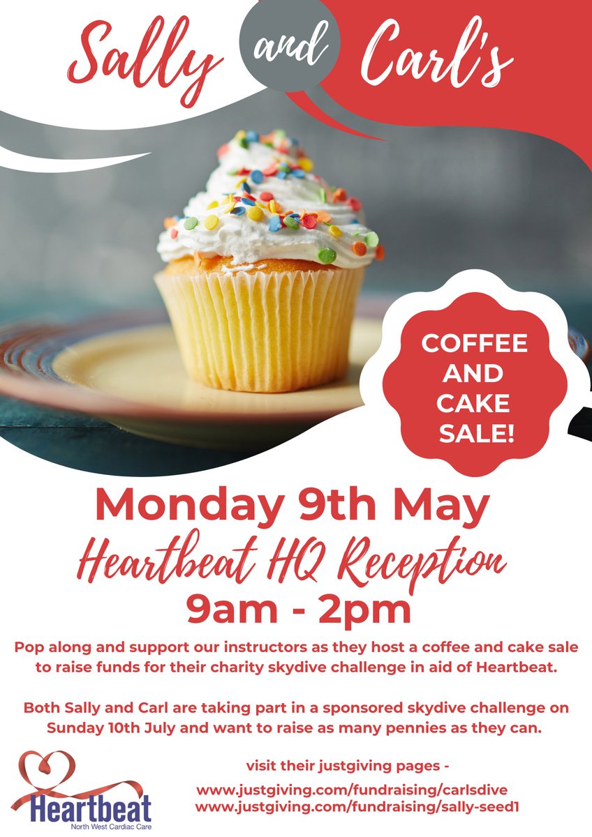 Heartbeat_nwcc's tweet photo. Come along to our coffee and cake sale on Monday 9th May to help our amazing instructors, Sally &amp; Carl, raise money for their charity skydive!! 🎉 https://t.co/wost3M1POS