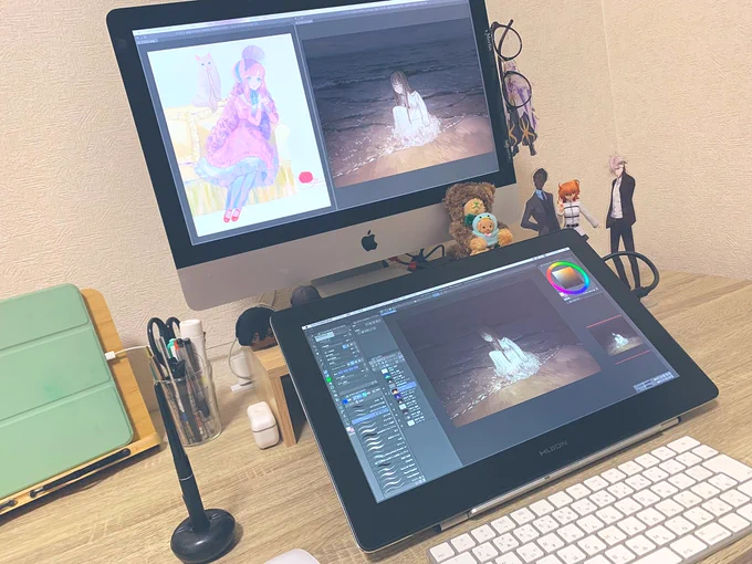 HUION様( @HuionLeon_JP )より液晶タブレット『Kamvas Pro 16(4K)』をご提供いただきイラストを描きましたー!
初めての4K液タブでしたが解像度がすさまじいです…!
描き味もざらつきすぎず滑りすぎずでとっても良いのでおすすめですー!
画像は作業環境と簡易メイキングです
https://t.co/2dE5pl8IYR 