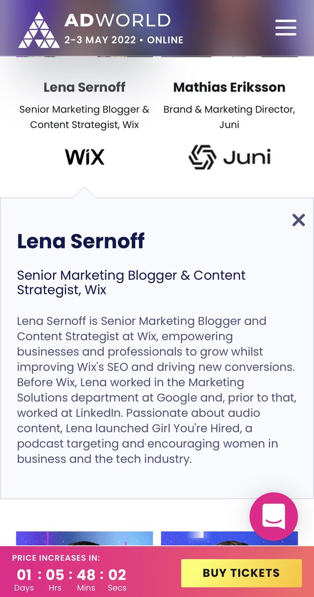 LenaSernoff's tweet photo. Proud to share that I’ll be speaking at @AdWorldOfficial behalf of @wix. I’m discussing Proven Marketing Funnel Strategies With Blog Content. Join the 50,000+ attendees on May 2-3. https://t.co/ZnhNmu8Ny1 https://t.co/eU84Ofh5Tj