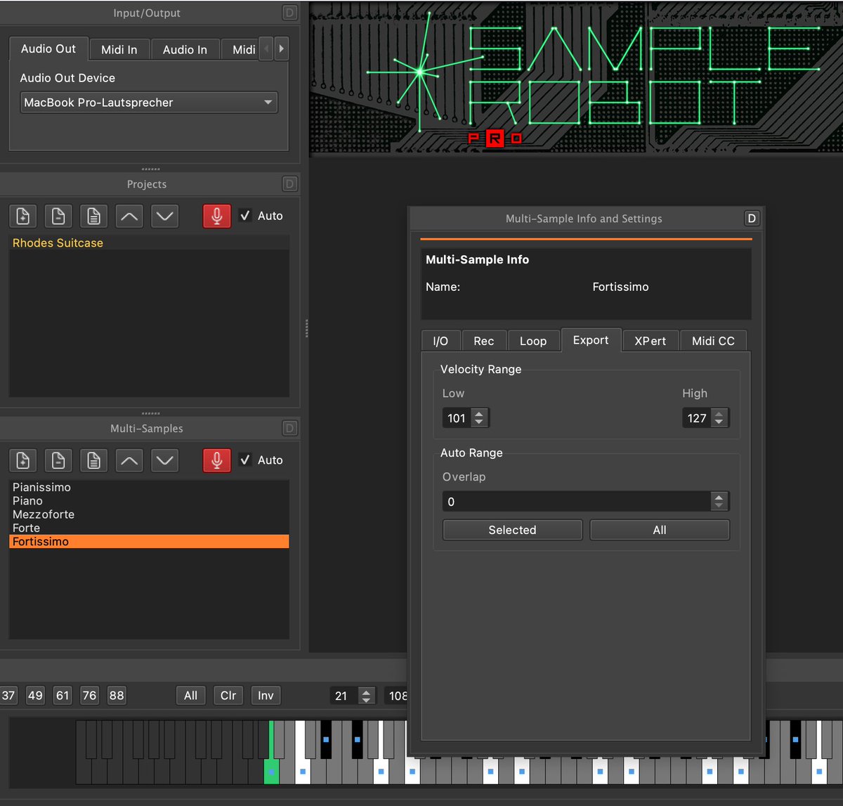 SampleRobot's tweet image. #FAQ When creating a project in #SampleRobot with several velocity layers you can use the Auto Range function (Export tab) to automatically set the velocity ranges for all multi-samples with one click (button All) depending on their Midi velocity values.