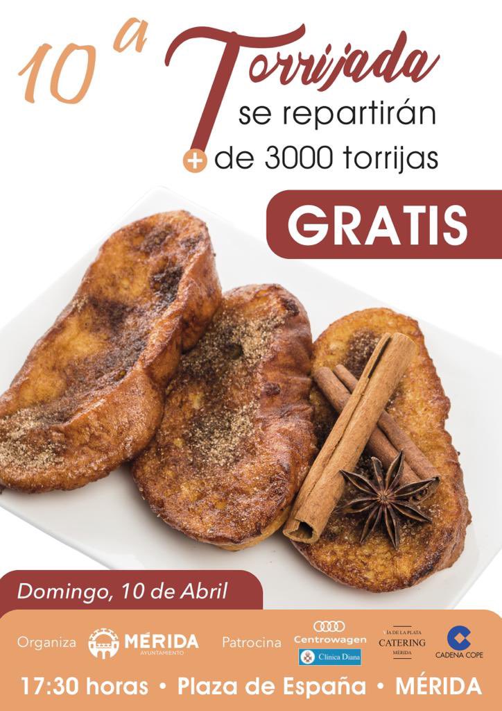 🍞X Torrijada <a href="/COPEMERIDA/">COPE MÉRIDA</a>  y <a href="/ayto_merida/">Ayuntamiento de Mérida</a> 👏👏

La mayor torrijada de España con el reparto de más 3000 unidades de este dulce típico de Semana Santa 

👉 Domingo de Ramos
⏰ 17.30h

<a href="/Castillos1928/">Cofradia Castillos</a> <a href="/Cofinfantil/">Cofradía Infantil</a> <a href="/jcofradiasmerid/">Semana Santa de Mérida, Junta de Cofradías</a> <a href="/lagrimas1989/">Hdad de las Lagrimas</a> <a href="/trescaidasmerid/">TresCaídas Mérida</a> <a href="/HCalvarioMerida/">Hermandad del Calvario de Mérida</a>