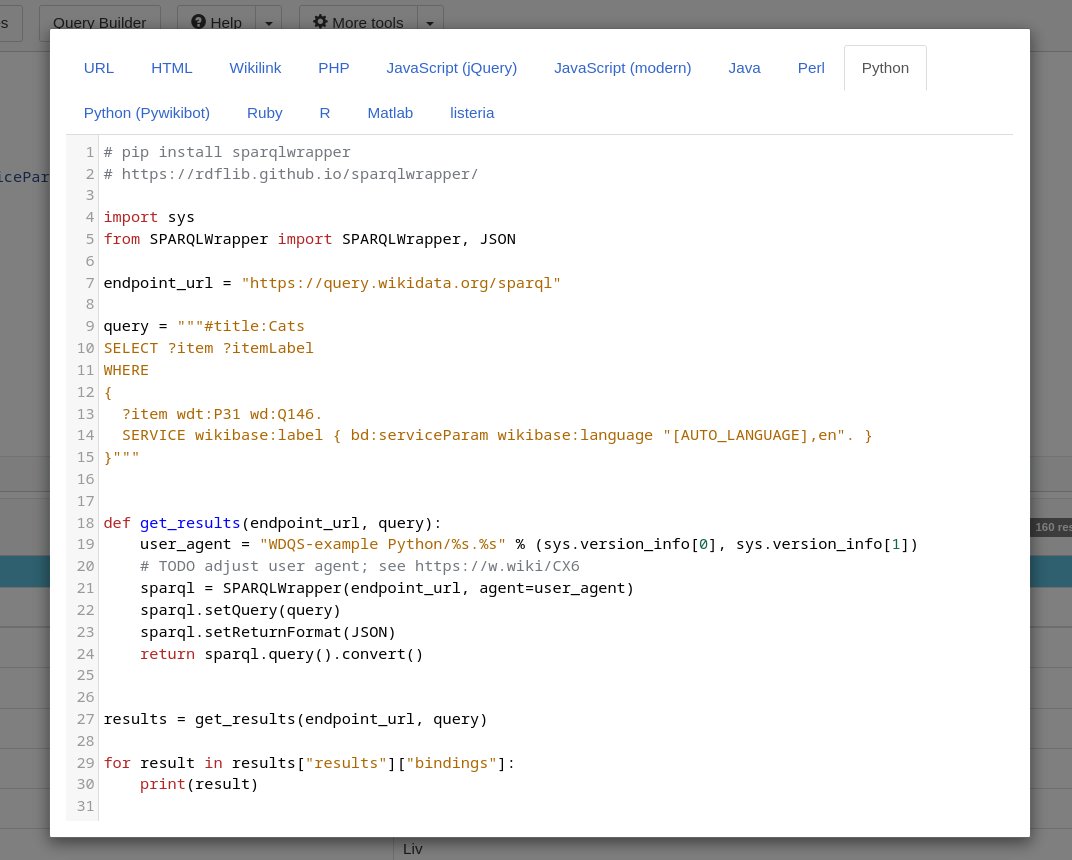 wikidata's tweet photo. #WikidataTips You can get code snippets for easily integrating SPARQL queries in your programs from the Wikidata Query Service UI, including embedding a result in HTML, a listeria wiki list or a Python program. https://t.co/S8xjWtw32f
