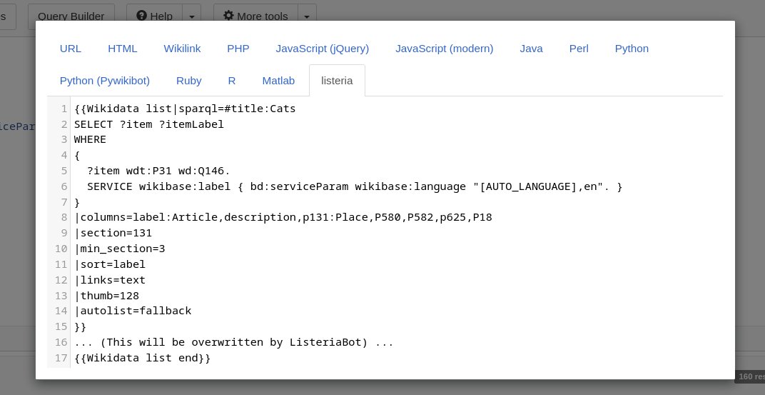wikidata's tweet photo. #WikidataTips You can get code snippets for easily integrating SPARQL queries in your programs from the Wikidata Query Service UI, including embedding a result in HTML, a listeria wiki list or a Python program. https://t.co/S8xjWtw32f