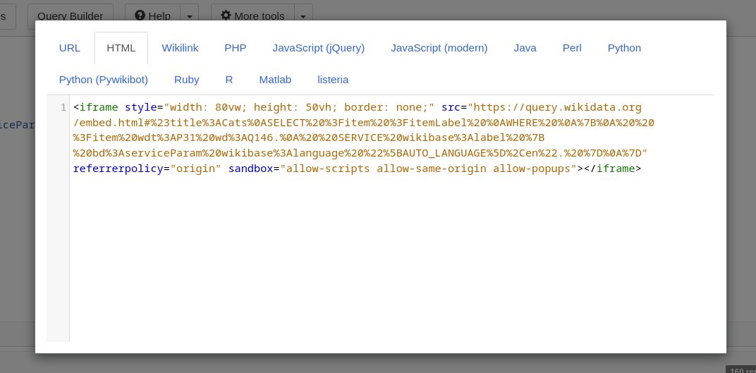 wikidata's tweet photo. #WikidataTips You can get code snippets for easily integrating SPARQL queries in your programs from the Wikidata Query Service UI, including embedding a result in HTML, a listeria wiki list or a Python program. https://t.co/S8xjWtw32f