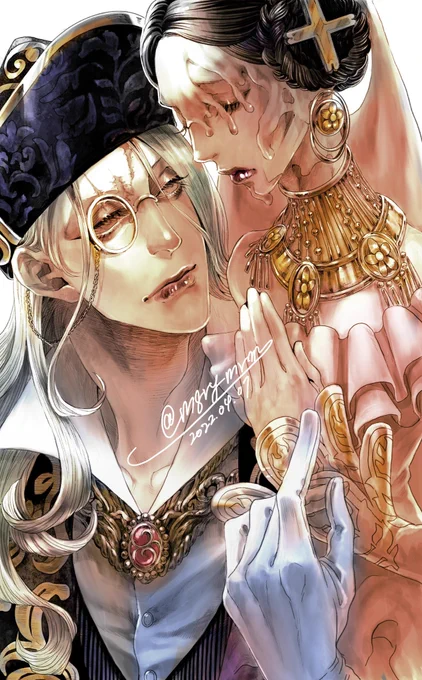 #第五人格イラスト
#identityVイラスト
蝋人形師兄妹。悲哀の表情のままの妹と、彼女を愛でるように撫でるフィリップが堪らなく好きです。 