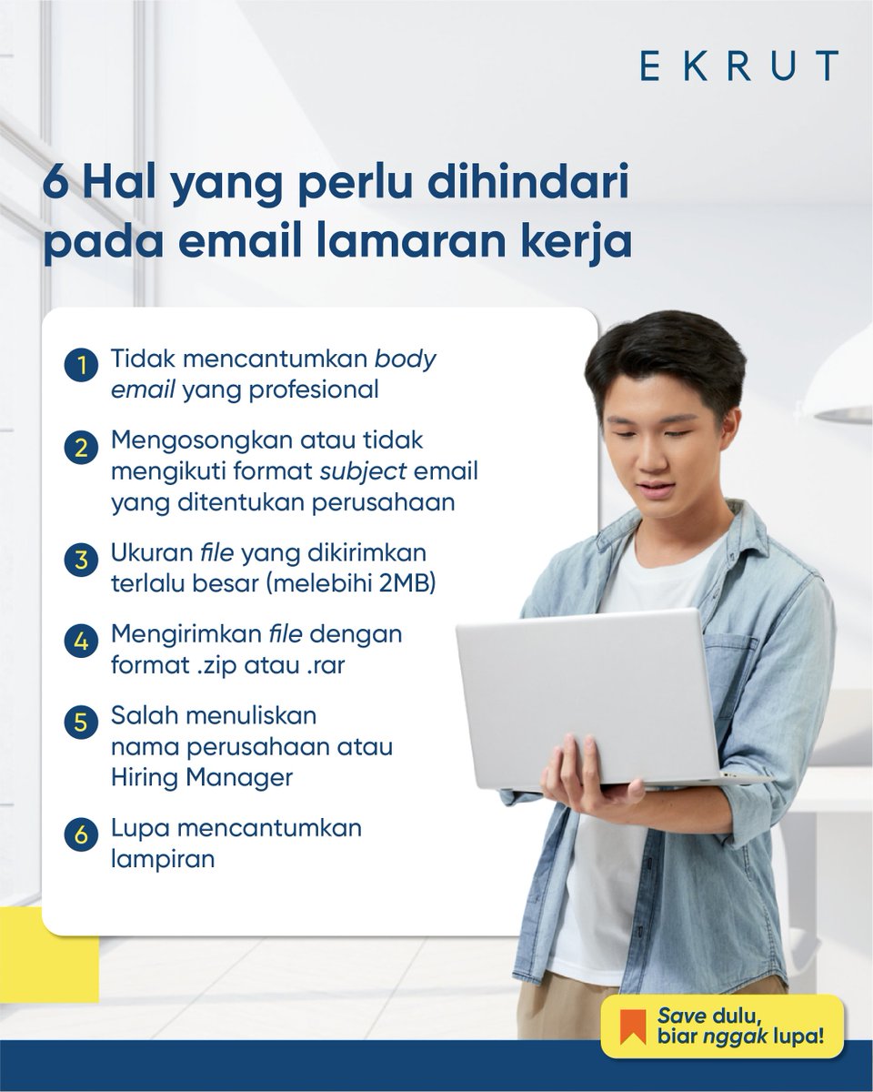 ekrutofficial's tweet image. Bagi kamu yang ingin cepat dapat kerja, kamu perlu memerhatikan beberapa hal di bawah saat mengirim email lamaran kerja.

#emaillamarankerja #jobapplication #jobseekers #kesalahancarikerja #carikerja #karyawan #employee #career #karier #carabarucarikerja