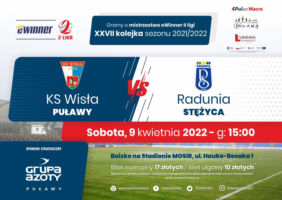 KSWisla1923's tweet photo. W sobotę gramy!

Już za dwa dni rozegramy kolejny mecz w ramach rozgrywek @eWinnerPL 2. ligi. Na własnym stadionie podejmiemy Radunię Stężyca. Start - godz. 15.00.⚽️💪
#kswisłapuławy 
#wisłapuławy 
#ewinner
@eWinnerPL 
@GA_PULAWY 
@RaduniaStezyca https://t.co/tX3ZmY13pt
