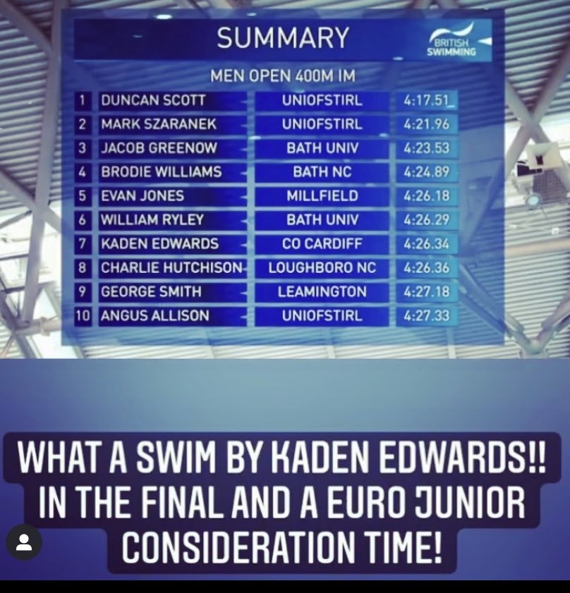 What an amazing swim this morning by @kaden_edwards04 with a massive PB and making the A final on the British championships. #400individualmedley #britishchampionships
