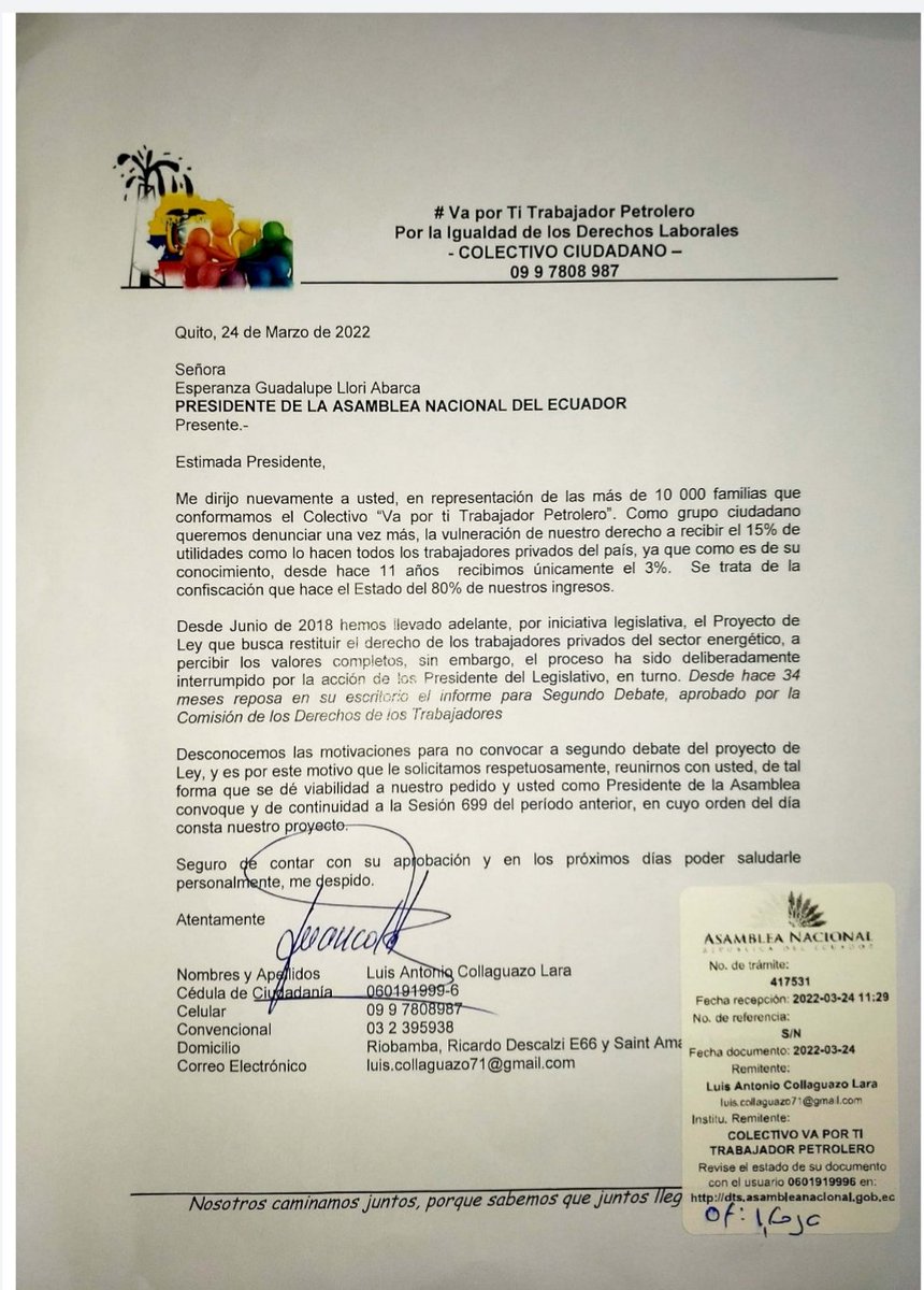 taipe_valentin's tweet photo. @AsambleaEcuador @GuadalupeLlori @teleamazonasec @LaRadioAsamblea @TvlEcuador Diálogo y trabajo conjunto dice, presentamos un oficio pidiéndo diálogo para tratar   #ProyectoRecuperaciónUtilidades y ud nos responde con un "se a tomado debida nota del particular" así nos responde a su gente Amazónica? Una cosa se dice en Medios otra lo que se hace #sesion699 https://t.co/gPwdAhhpNw