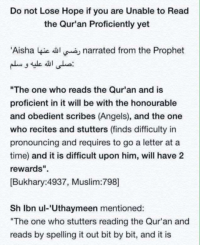 AbuMuadhTaqweem's tweet photo. Do Not Lose Hope if You Are Not Proficient in Reading Qur'an Yet &amp; Struggle... keep trying &amp; consider this narration...#Ramadan https://t.co/Gv89sBy27d