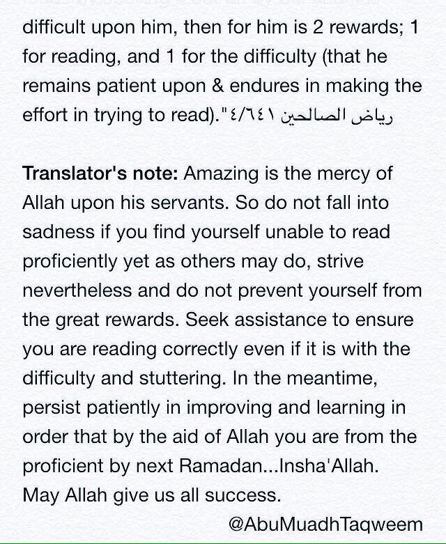 AbuMuadhTaqweem's tweet photo. Do Not Lose Hope if You Are Not Proficient in Reading Qur'an Yet &amp; Struggle... keep trying &amp; consider this narration...#Ramadan https://t.co/Gv89sBy27d