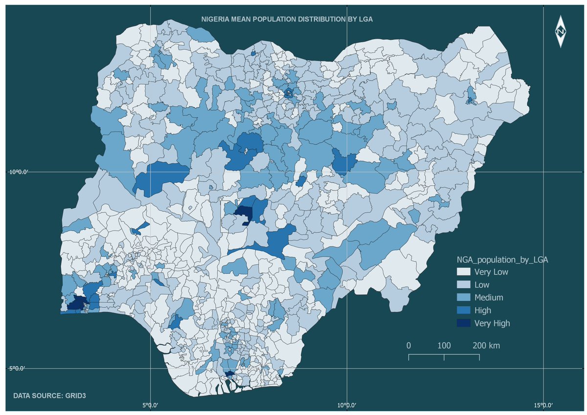 Hello #gischat, So last week I posted about needing the motivation to switch from Arc GIS to QGIS and I got tons of positive feedback. So, here's my first official map designed using QGIS, showing the mean population distribution by LGA in Nigeria. Data Source: GRID3.