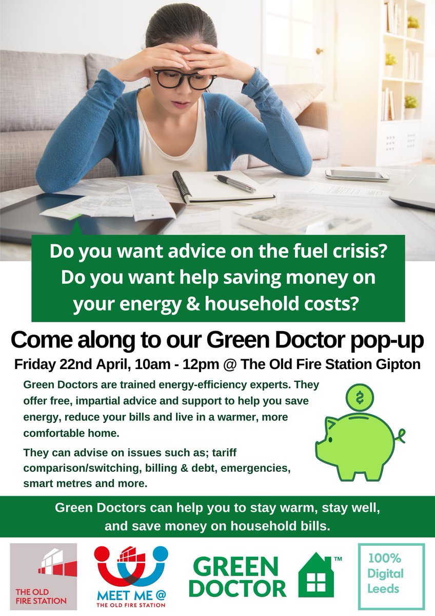 The <a href="/TheGreenDoctors/">Green Doctor Yorkshire</a> will be at <a href="/OldFireStaLS9/">The Old Fire Station</a> #Gipton on 22nd April to help people worried about their fuel and heating bills. There will be support available for digital, too

#FuelPoverty #DigitalInclusion #DigitalHealthHubs