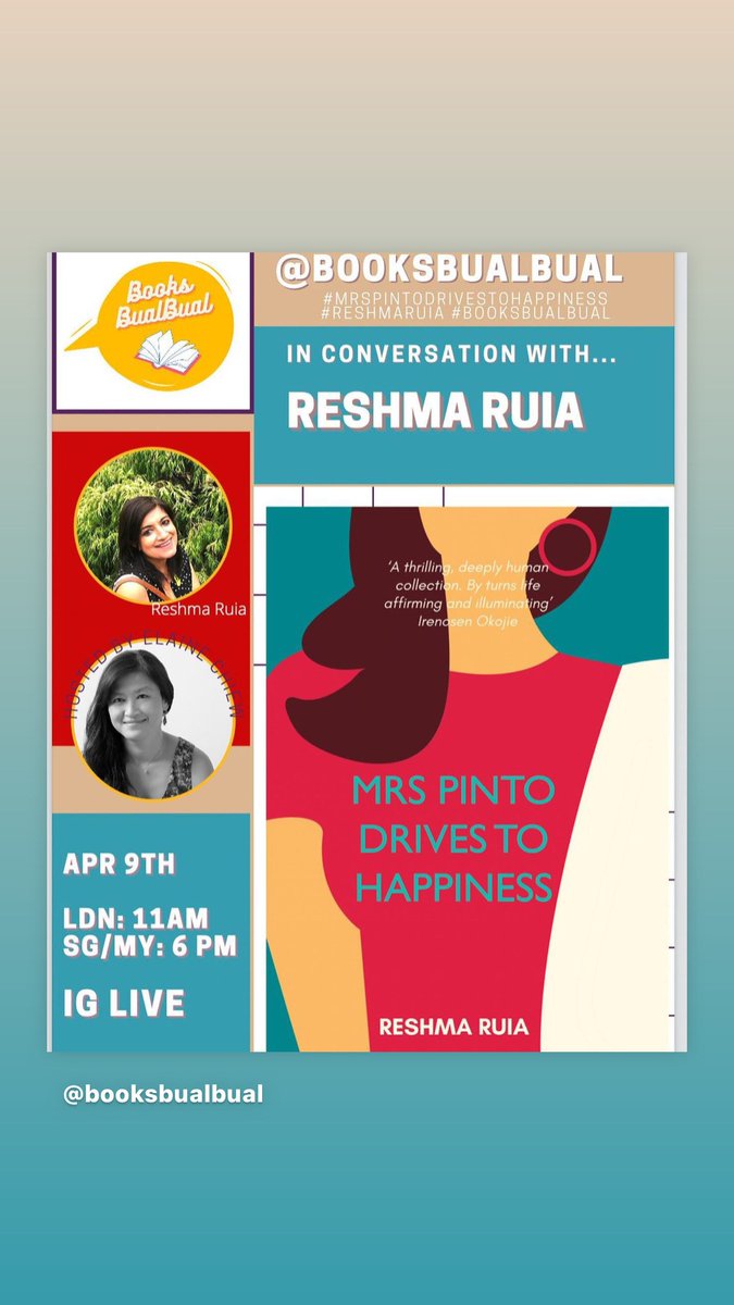 ReshmaRuia's tweet photo. Instagram Live @booksbualbual
Saturday 9 April 11:00am London | 6:00pm Singapore/Malaysia
Join me online on Instagram Live as I chat to Elaine Chiew of BooksBualBual about writing Mrs Pinto Drives to Happiness and my new novel, Still Lives out in  June
#writing #reading #bookclub https://t.co/0BRcI7qzha