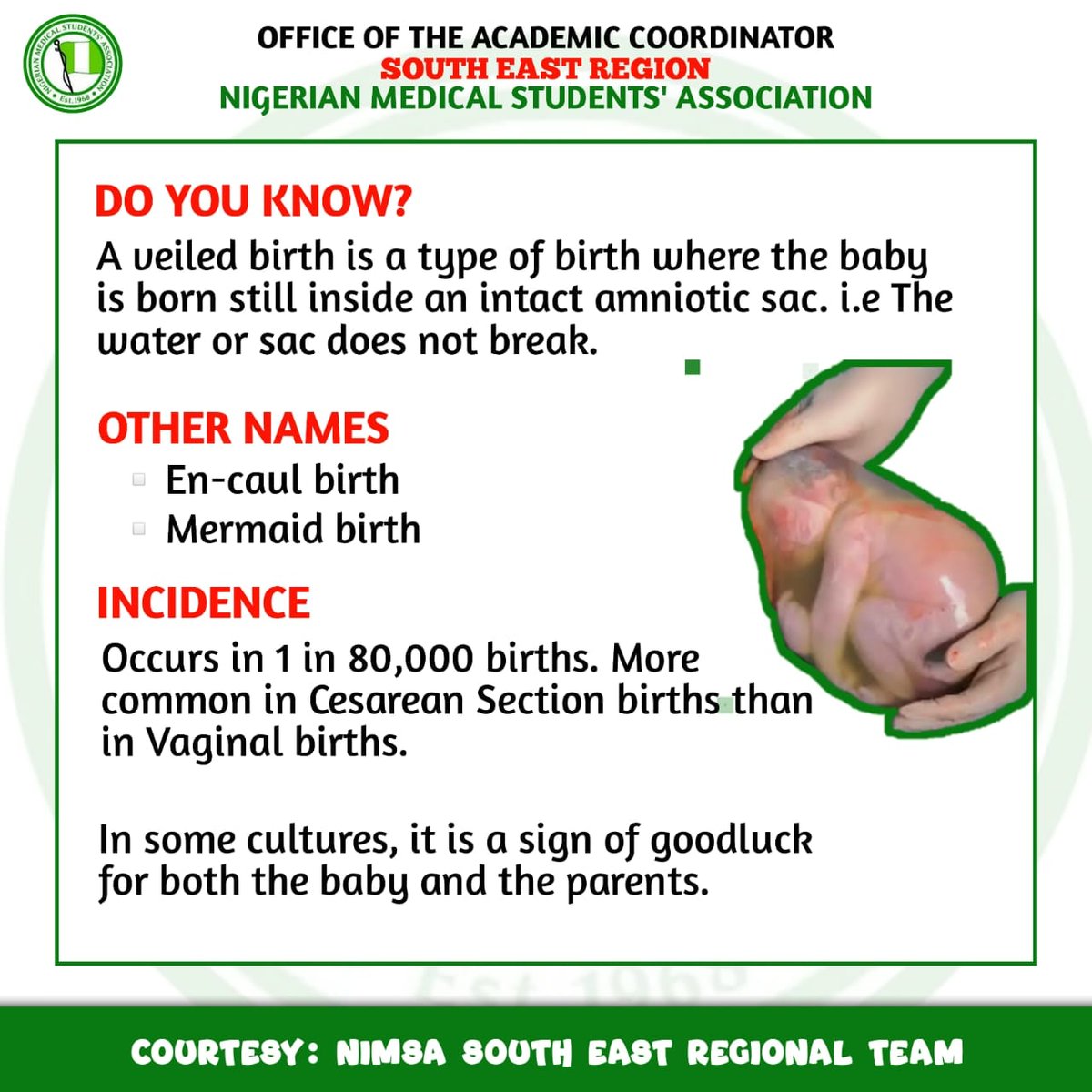 NiMSASoutheast's tweet photo. Do you know?
A veiled birth is a type of birth where the baby is born still inside an intact amniotic sac. i.e The water or sac does not break aka
En-caul birth or Mermaid birth.
 Incidence
Occurs in 1 in 80,000 births
More common in Cesarean Section birth than in Vaginal birth https://t.co/WBBEZ2pTVm