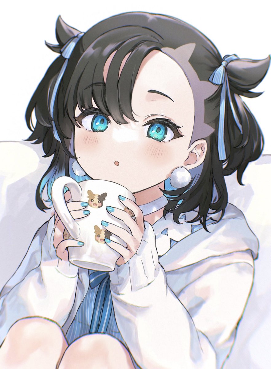 marnie (pokemon) ,morpeko ,morpeko (full) 1girl cup black hair holding solo holding cup ribbon  illustration images