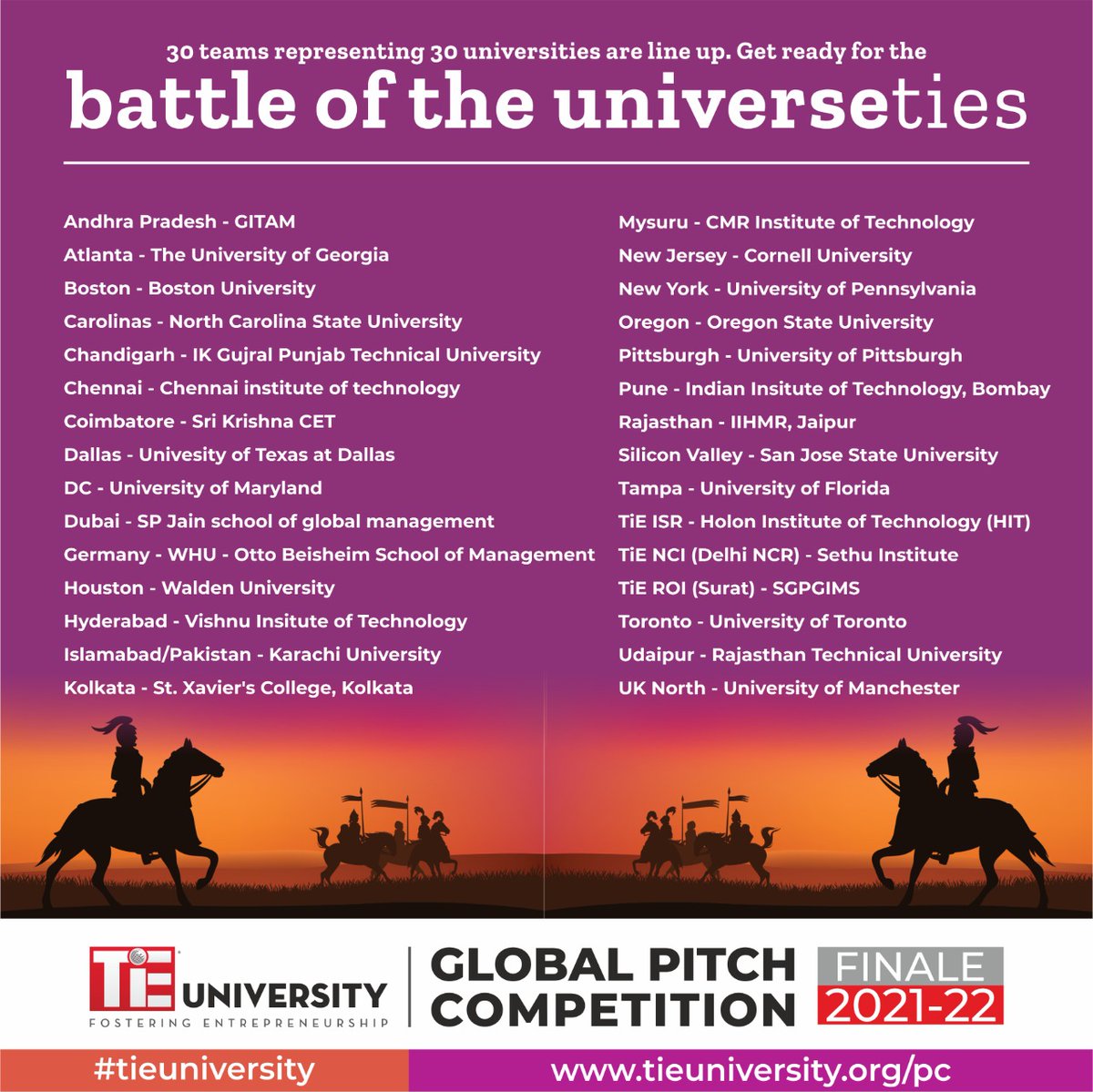 tie_university's tweet photo. Battle of the UniverseTIES. The top 30 Universities at the TIE Global Pitch Competition
#TieU #Tieuniversity #business #entrepreneurship #collegiateentrepreneurship #studententrepreneur #startup #studentstartup https://t.co/iiBkbnGmVJ